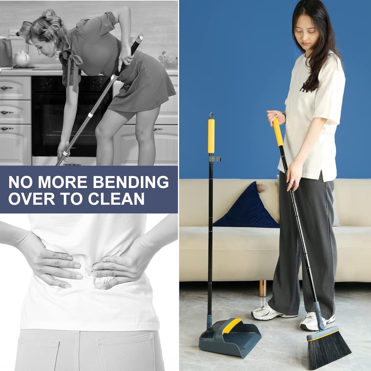 JEHONN Broom and Dustpan Set for Home, 54 Inches Long Handle Lightweight 180 Degree Rotating Indoor Upright Standing Dust Pan with Comb Teeth, Store Sweep Set for Room Kitchen Lobby Office