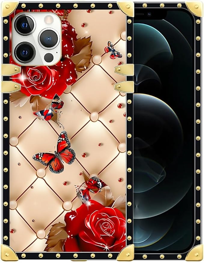 Compatible with iPhone 12 Pro Max Case, Shining Red Rose Butterfly Leather by Unknown