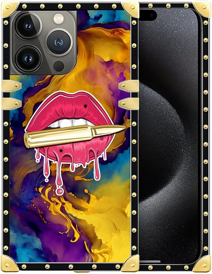 Compatible with iPhone 16 Pro Case, Cool Corlorful Lip Marble Luxury Golden by Unknown