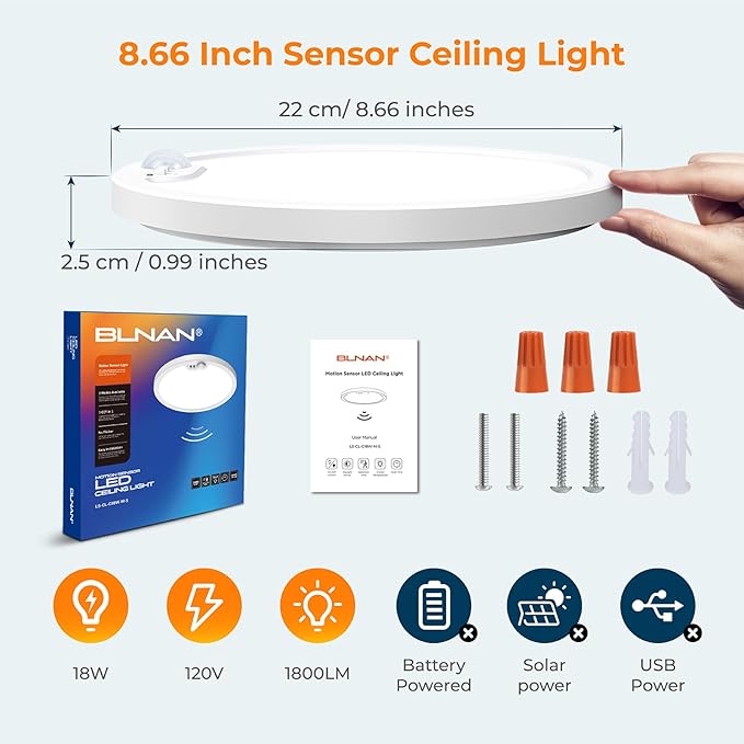 BLNAN Motion Sensor Ceiling Light Wired, 8.7 Inch 3000K 4000K 5000K Selectable - Image 7