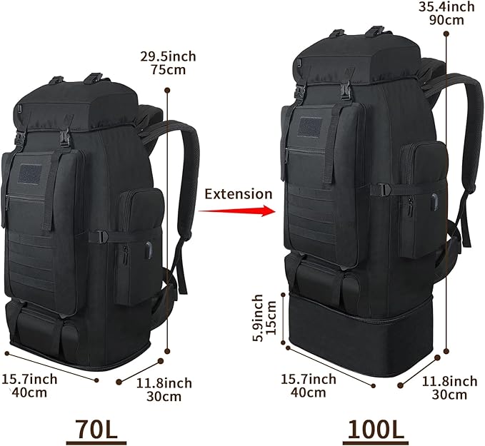 70L/100L Hiking Backpack with USB Charging Port, Expandable Large Military - Image 2