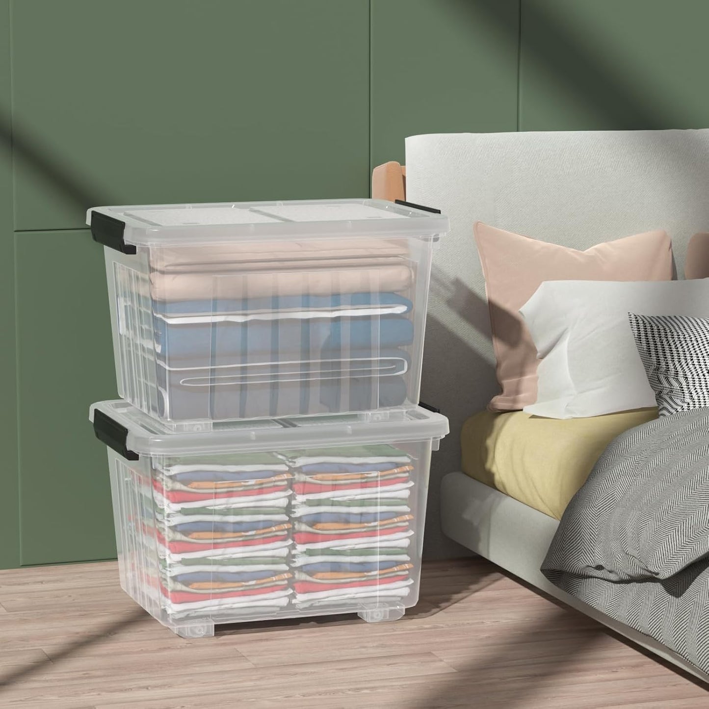 30 Quart Plastic Clear Storage Bin with Wheels, Plastic Latching Bins with Lids, 4 Packs