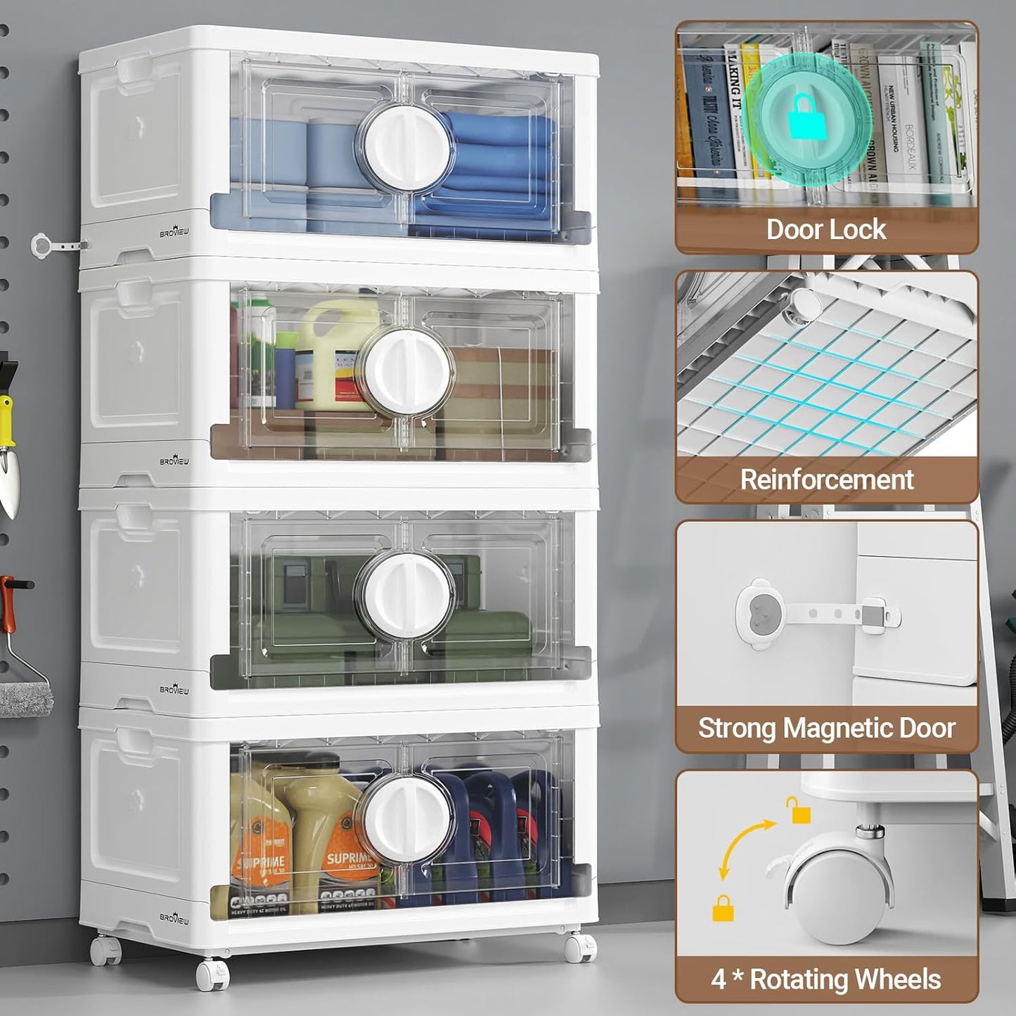 BROVIEW 480Qt Lockable Stackable Storage Bins with Lids, Closet Organizers and Storage Drawer, Collapsible Storage Bin with Wheels, Plastic Cabinet for Toy Clothes Dorm Organizer, V9 4 Pack White