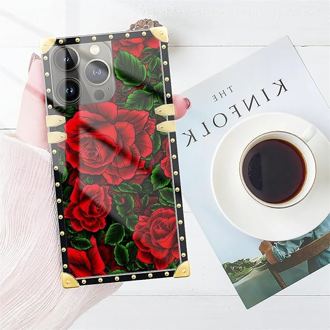 Compatible with iPhone 13 Pro Case, Vector Red Rose Green Leaf Luxury Golden - Image 7