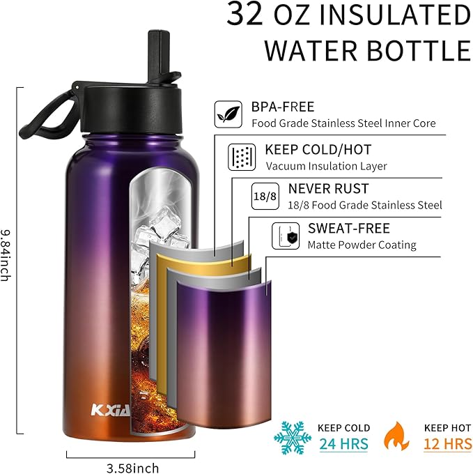 KXIAOCHEN Insulated Water Bottle, Stainless Steel Water Bottle, 2 Lids - Image 5