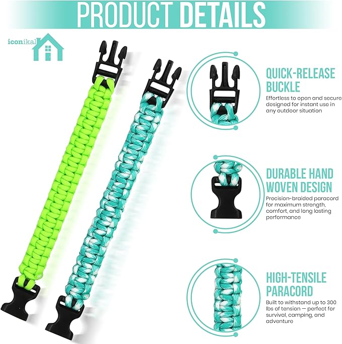 Iconikal 12-Pack Paracord Survival Bracelets Quick-Release Clip Assorted Colors - Image 4