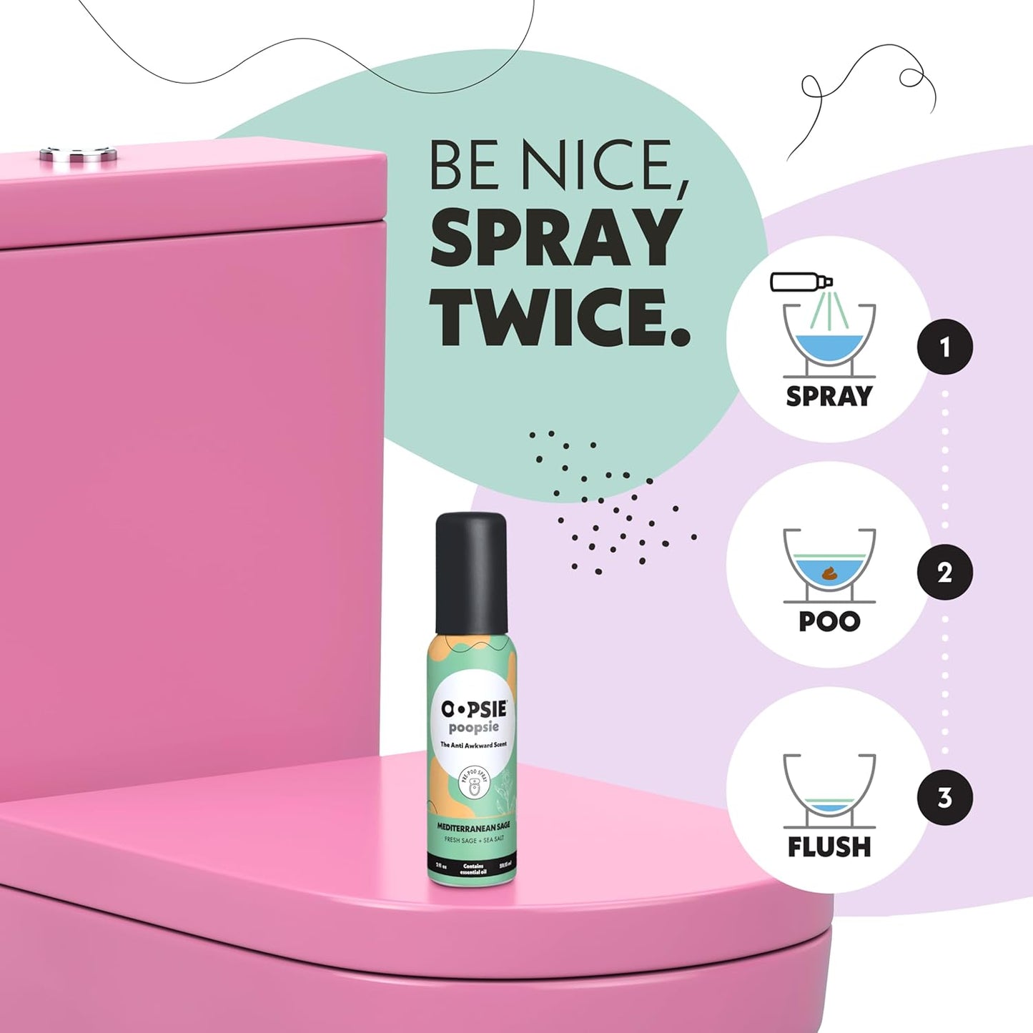 OOPSIE POOPSIE - Mediterranean Sage - Before & After You Go Toilet Spray 2oz - Portable Odor Eliminator - 4 Pack