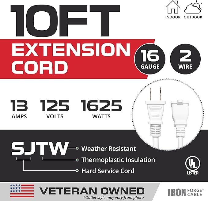 Iron Forge Cable 2 Prong Outdoor Extension Cord 10 ft, 16/2 SJTW 10 Foot White - Image 2
