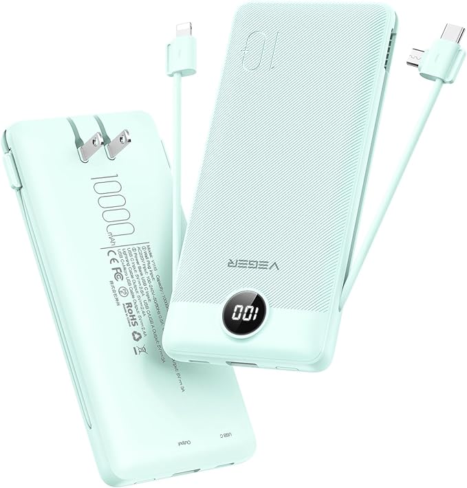 VEGER Portable Charger with Built-in AC Plug and Cables, All in One 10000mAh by VEGER