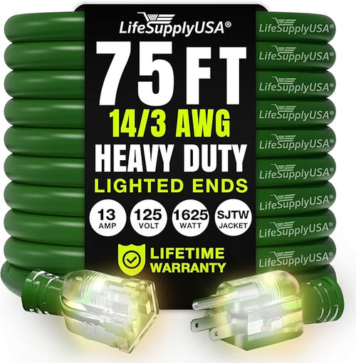 75ft Outdoor/Indoor Extension Cord 14/3 Gauge Heavy Duty 3 Prong SJTW, by LifeSupplyUSA