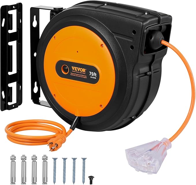 VEVOR Retractable Extension Cord Reel, 75 FT, Heavy Duty 14AWG/3C SJTOW by VEVOR