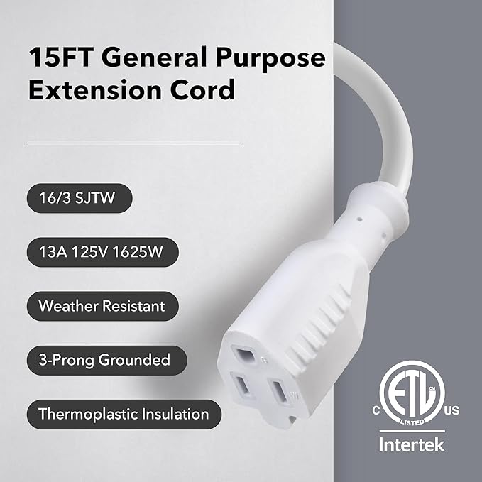 BN-LINK 15ft Outdoor Extension Cord, 16 Gauge General Purpose Power Cord - Image 3