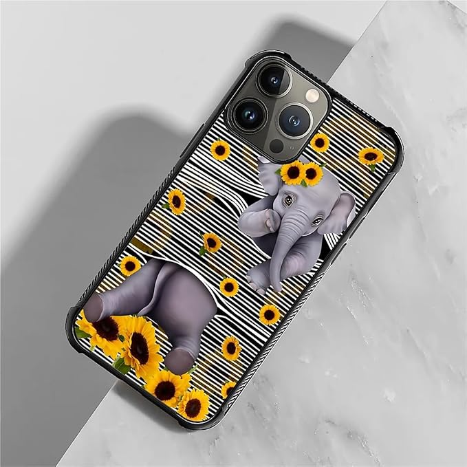 for iPhone 15 Pro Case, Cute Little Elephant Sunflower White Line Art Pattern - Image 2