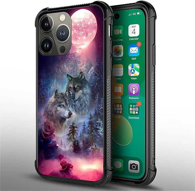 for iPhone 13 Pro Case, Star Two Wolfs Howling Pattern Graphic Design Girl Boy - Image 6