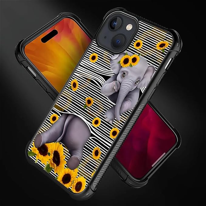 for iPhone 15 Plus Case, Cute Little Elephant Sunflower White Line Art Pattern - Image 2