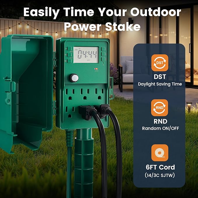 SURAIELEC Outdoor Power Stake, 7-Day Programmable Digital Timer, Power Strip - Image 3