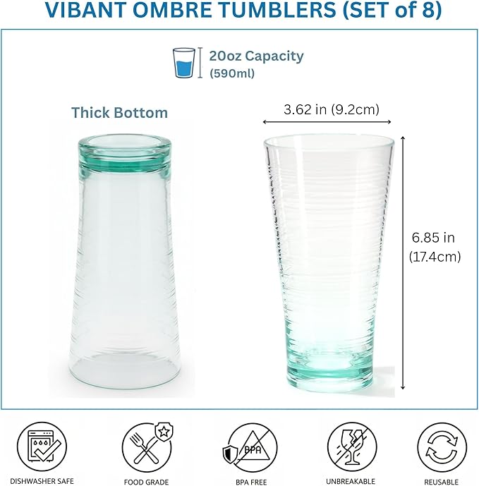 8-Piece Ombre Tumbler Set, 20oz Plastic Drinking Glasses, Shatterproof BPA-Free - Image 3