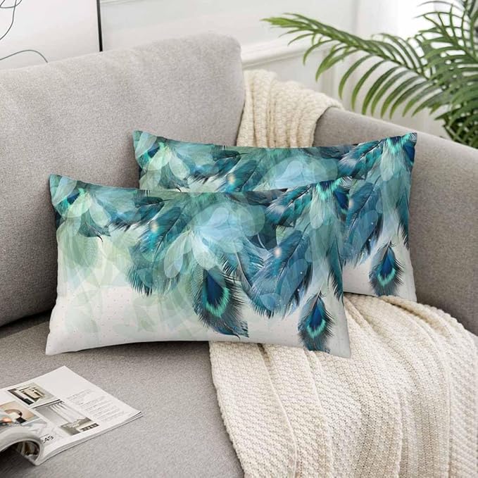 Peacock Feather 12 X 20 Pillow Covers Watercolor Gradient Blue Soft Halo Green - Image 5