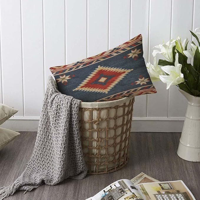 TKS MITLAN Southwest Diamond Blue Red Pillow Covers 12 x 20 Inch Indian Style - Image 6