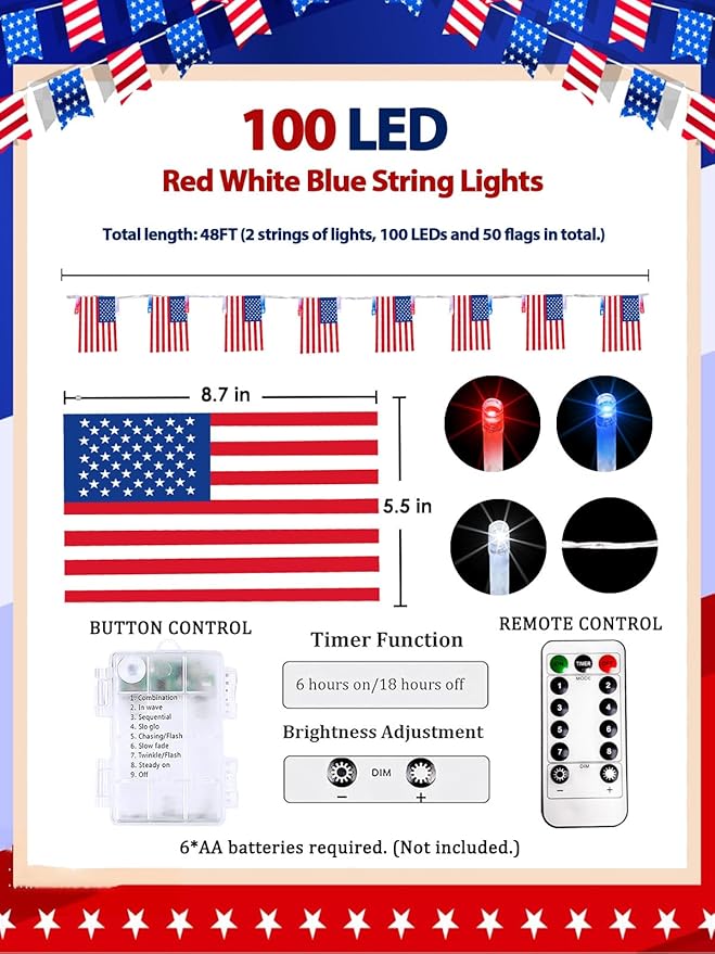 4th of July Patriotic Lights, 2PK 48FT 100LED Red White Blue String Lights - Image 6