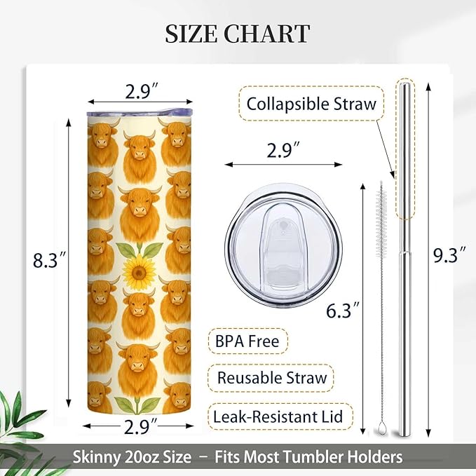 Firmiso 20 oz Tumbler｜Skinny Insulated Travel Mug｜Highland Cow Sunflower - Image 6