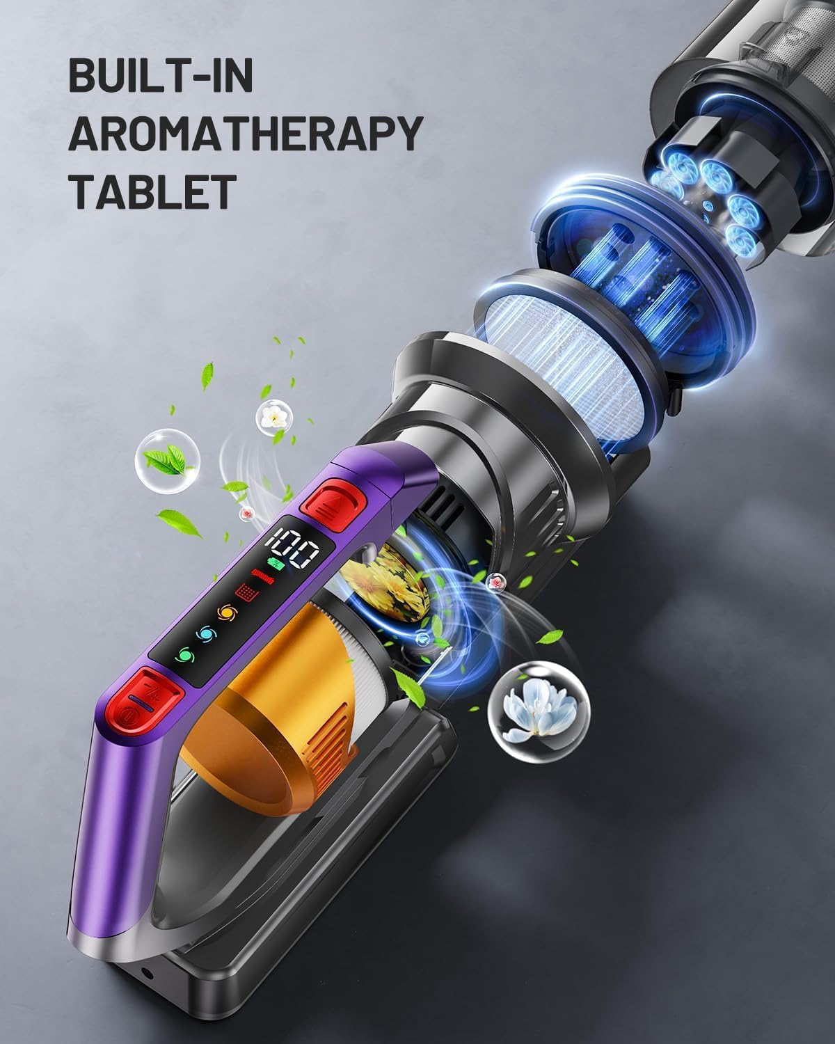 Cordless Vacuum Cleaner, 580W 48KPA 70Mins Vacuum Cleaners for Home, Self-Standing Stick Vacuum with Aromatherapy & LED Display Screen, Stick Vacuum Cordless Rechargeable for Pet Hair/Carpets (Gold)