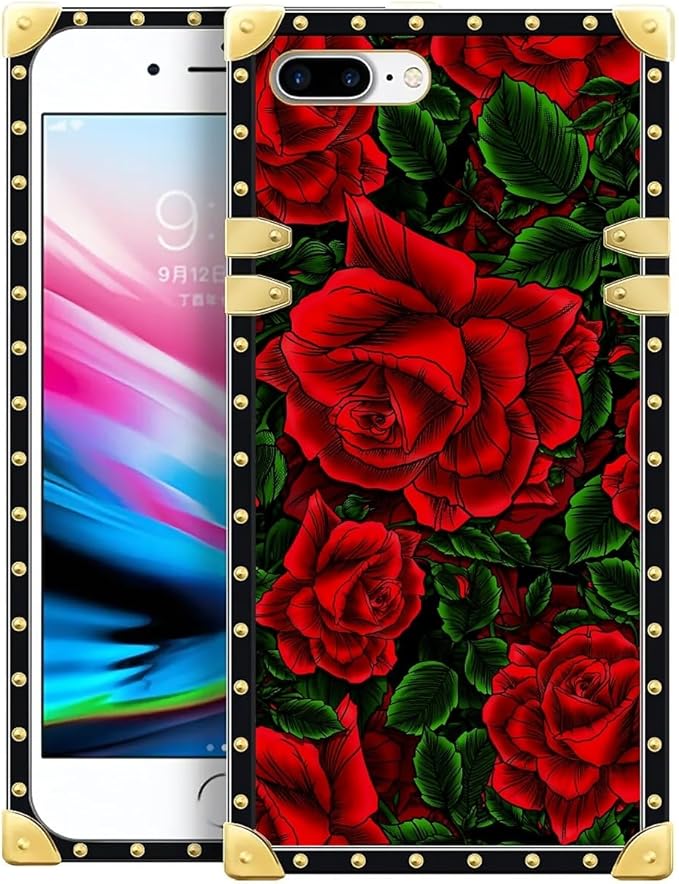 Compatible with iPhone 8 Plus 7 Plus Case, Vector Red Rose Green Leaf Luxury by Unknown