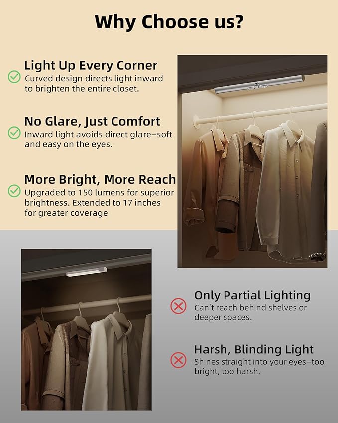 EZVALO 17-Inch LED Motion Sensor Closet Lights, 3600mAh Rechargeable Battery - Image 2