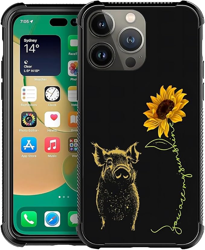 for iPhone 13 Pro Case, Pig Sunflower Yellow Sunshine Pattern Graphic Design by FKBRCL4U