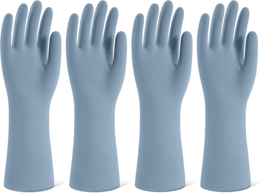 Rubber Cleaning Gloves for Dishwashing, 4 Pairs Reusable Kitchen Gloves for Washing Dishes and Household Cleaning, Blue Dish Gloves with Flocked Lining and Non-Slip Grip, Pefect for Woman Men - S