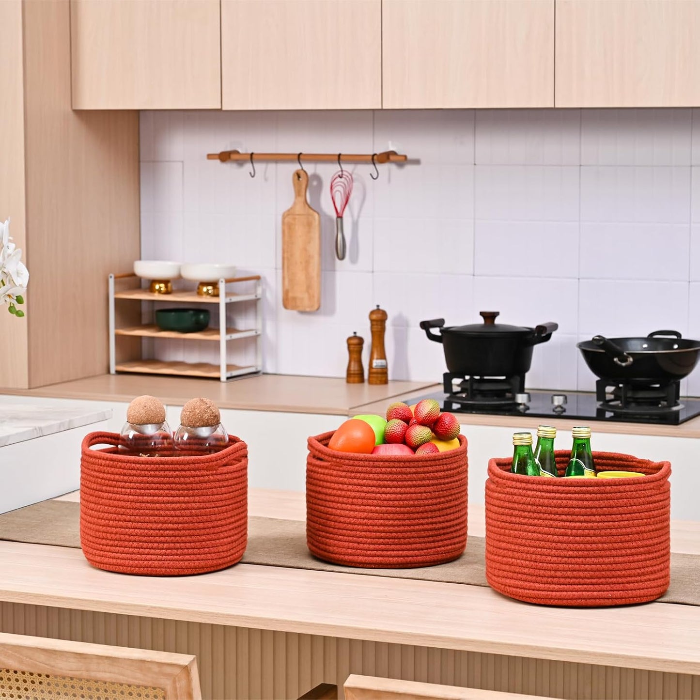 Small Storage Baskets for Organizing, Organizer Bins for Shelves, Small Woven Baskets for Storage, Red Baskets for Gifts, Organization Bins, Baskets for Decor, 9.7"×9.7"×7" (3 Packs) Brick Red