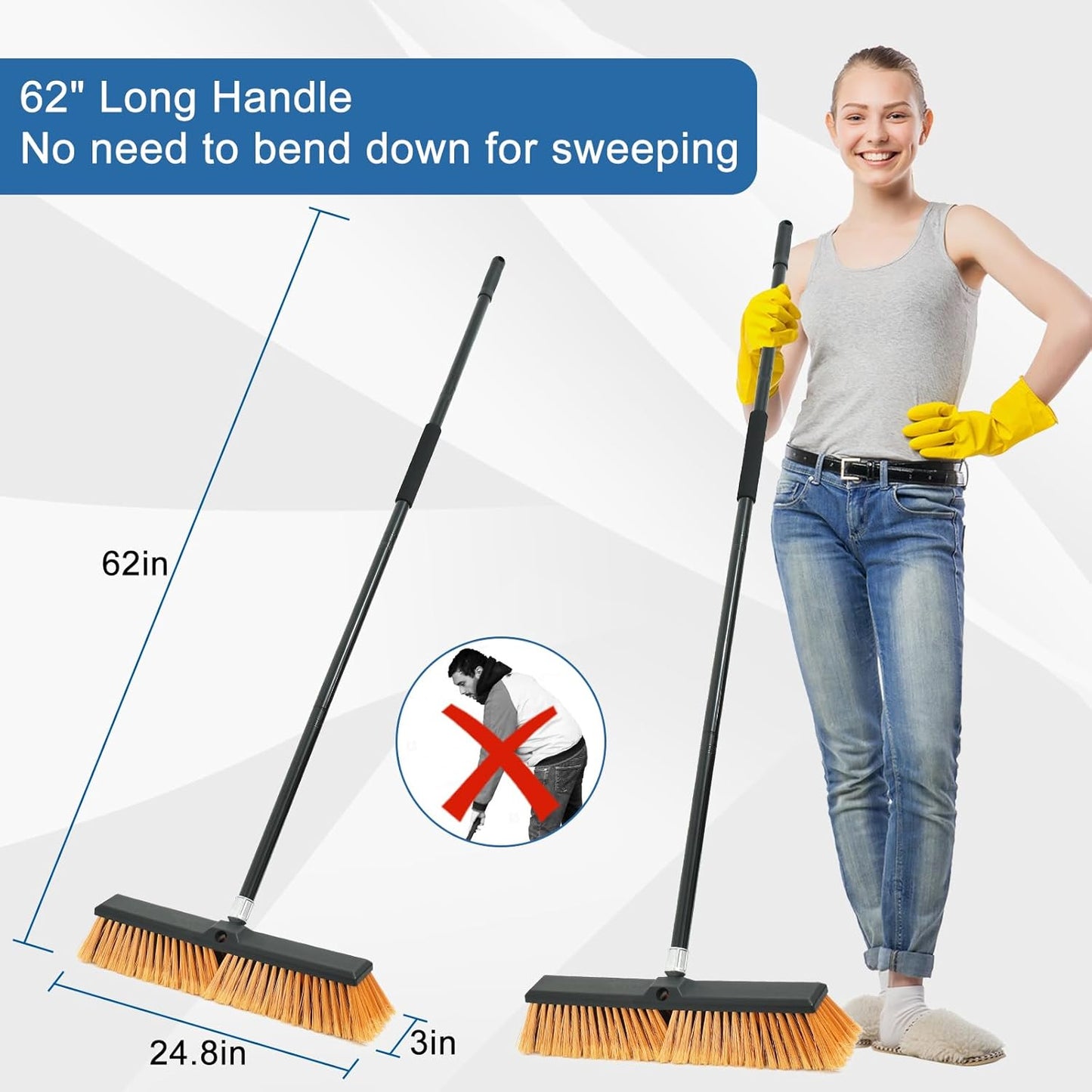 PBHEPJ 24 Inchs Push Broom Outdoor Heavy Duty, Shop Broom with 60" Long Bandle for Cleaning Outdoor or Indoor Tile, Garage, Shop, Deck, Concrete, Wood, Stone, Patio Floor