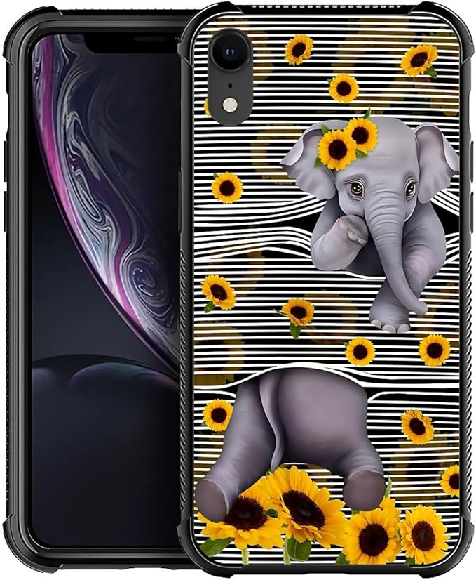 for iPhone XR Case, Cute Little Elephant Sunflower White Line Art Pattern by FKBRCL4U
