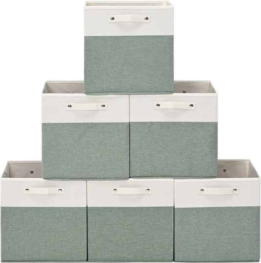 13 x 13 Inch Fine Linen Storage Bins with Handles，Fabric Cube Boxs，Collapsible Basket Organizers for Shelves for Home, Closet Drawers (White/Green-6 Pack)