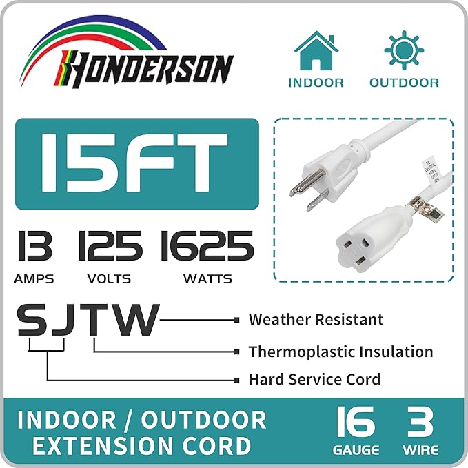 Indoor/Outdoor Extension Cord, 16 Gauge 15FT White 3 Prong Heavy Duty, - Image 3