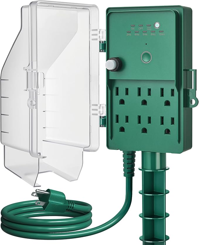 SURAIELEC Outdoor Power Stake, Dusk to Dawn Light Timer, 6 Electrical Outlet by SURAIELEC