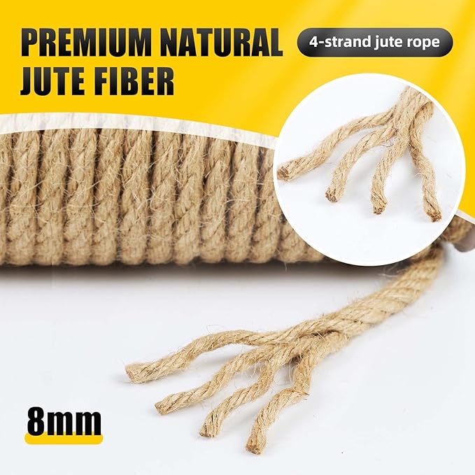 Natural Jute Twine, 8MM x 50FT Jute Rope Roll, Heavy Duty Thick Twine - Image 3