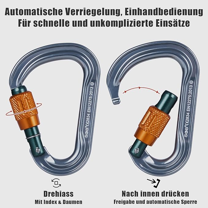 SOB Heavy Duty Steel Carabiner Clips -Auto Locking Climbing Carabiner, - Image 3