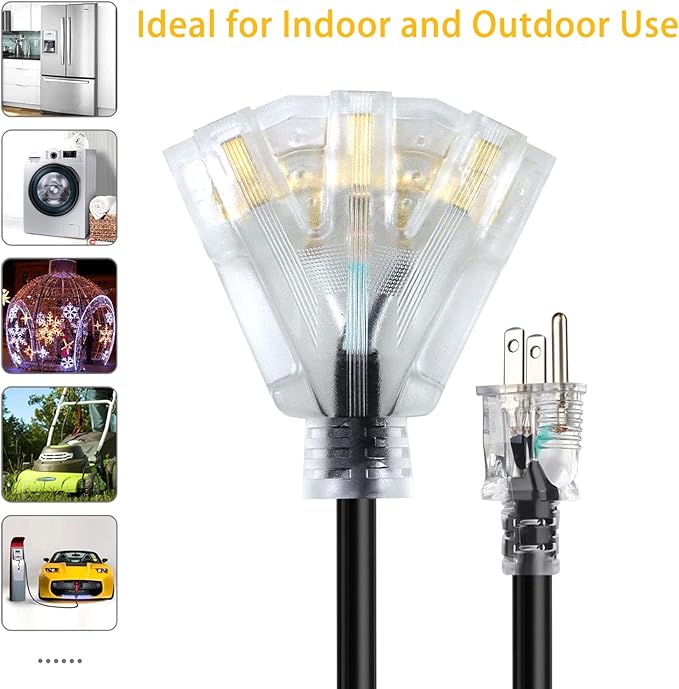 3FT 12/3 Extension Cord Heavy Duty Black 3-Outlet Indoor/Outdoor SJTW Lighted - Image 5