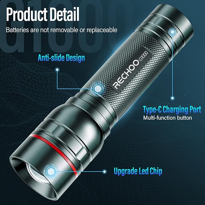 Rechargeable Flashlights High Lumens, G1000 Super Bright Flash Light Grey - Image 4
