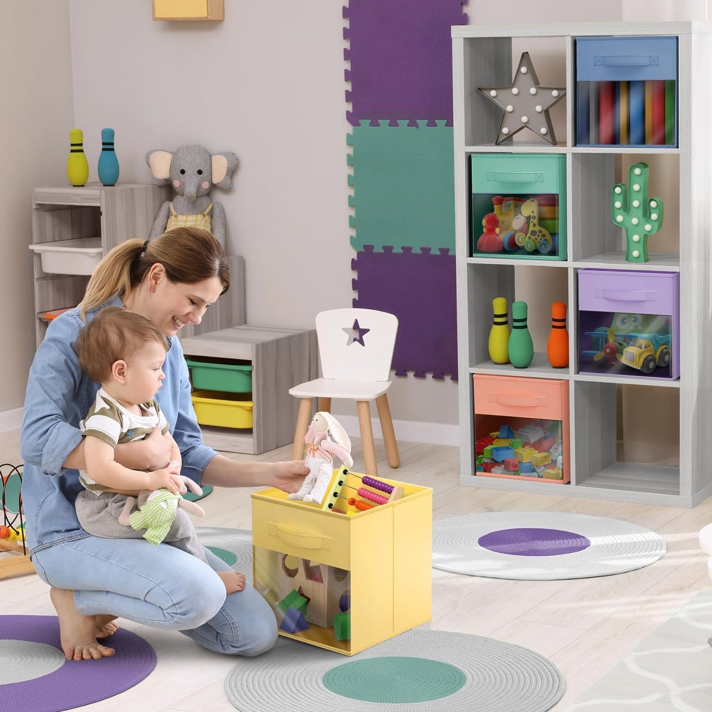 Sorbus 13 Inch Storage Bins with Clear Window - 6 Foldable Baskets for Organizing Clothes, Toys, Books - Sturdy Collapsible Fabric Storage Cubes with Handle - Storage Baskets for Shelves, Closets