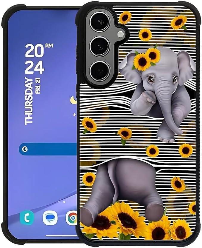 for Samsung Galaxy S24 S25 Plus Case, Cute Little Elephant Sunflower White Line by FKBRCL4U