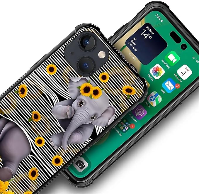 for iPhone 13 Mini Case, Cute Little Elephant Sunflower White Line Art Pattern - Image 3