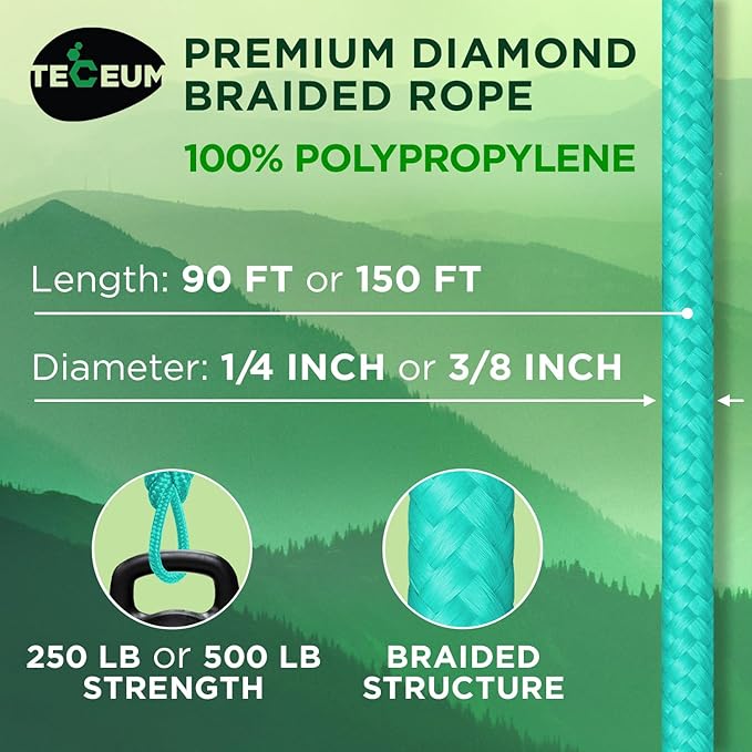 TECEUM Rope – 90 Feet x 3/8 Inch – Green Wave – Strong All-Purpose Utility Rope - Image 2