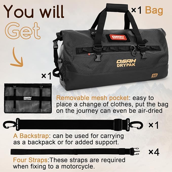 OSAH DRYPAK Waterproof Duffel Bag 25L/40L/60L – Heavy-Duty Motorcycle Tail Bag - Image 8