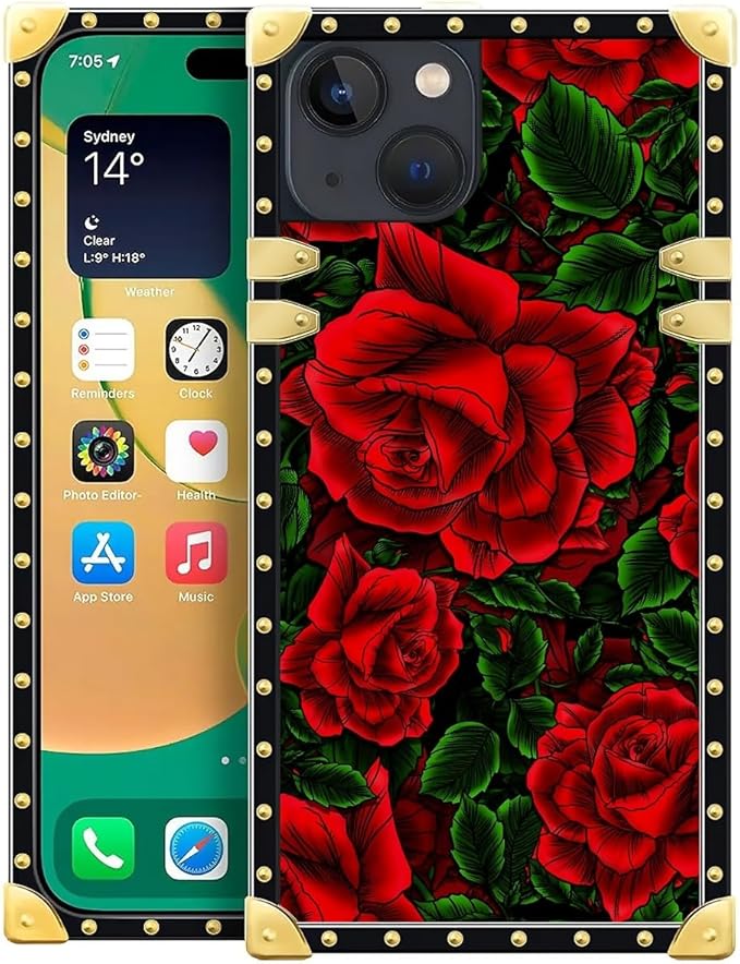 Compatible with iPhone 14 Case, Vector Red Rose Green Leaf Luxury Golden by Unknown