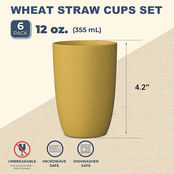 Wheat Straw Cups 6 PCS Good Alternative to Plastic Reusable Cups 12 oz - Image 2
