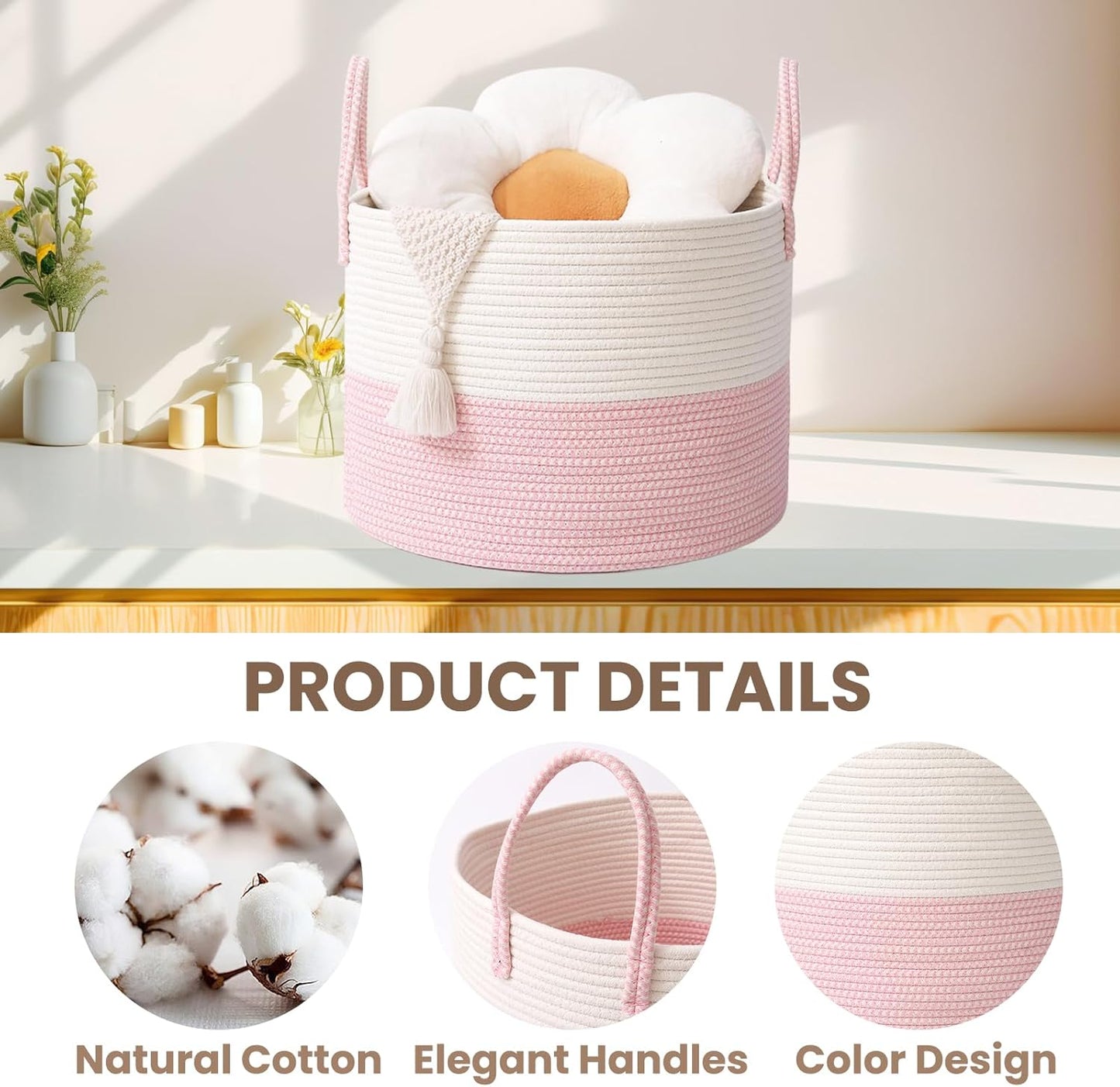 Woven Blanket Basket,115L Large Rope Storage Bin with Handles, Organizer for Blankets Toys Book and Clothes, Laundry Basket for Living Room Bedroom Nursery,White&Pink