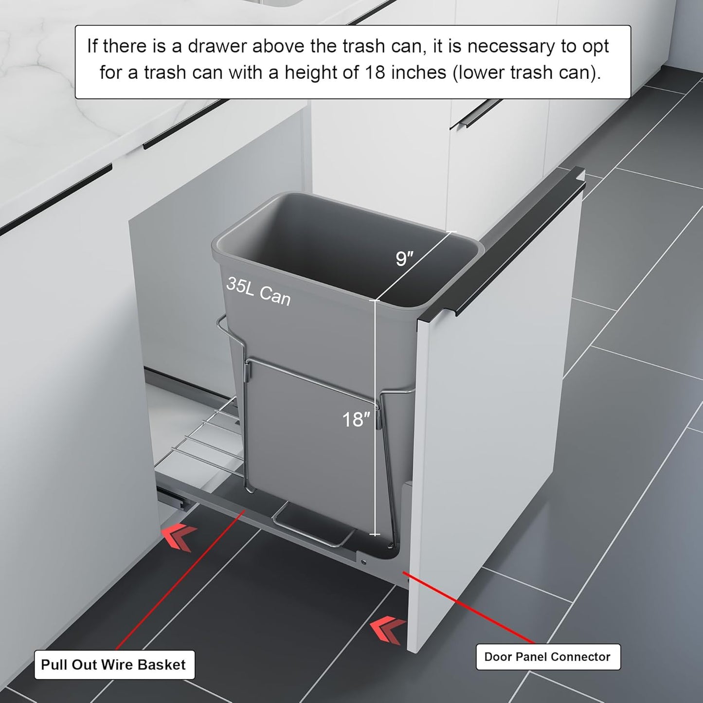 Dowell B15 Aluminum Base Wastebasket Pullout with Door Mount and 35Qt/9Gal Plastic Bin (4012 0115+35)