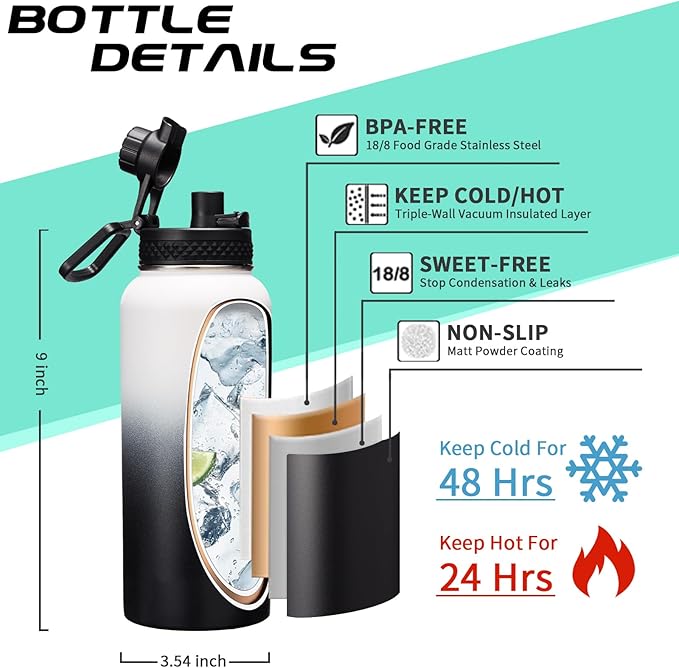 32OZ Water Bottle with Straw & Strap, BPA Free Insulated Water Bottle Keeps - Image 4